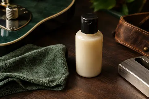 Flacon de polish pour guitare posé sur un établi en bois sombre, près d’un chiffon doux.