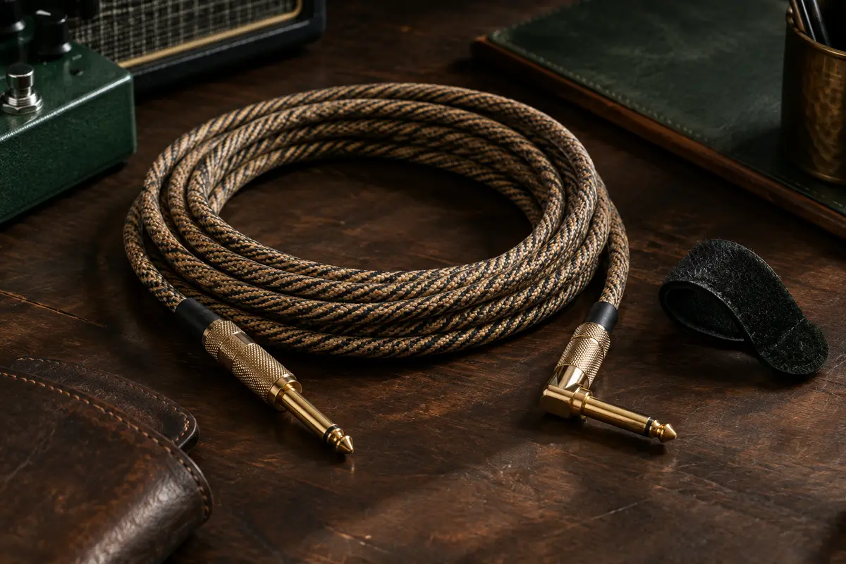 Câble instrument à gaine tissée tweed avec une fiche jack droite et une fiche coudée dorées