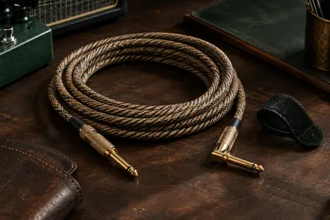 Câble instrument à gaine tissée tweed avec une fiche jack droite et une fiche coudée dorées