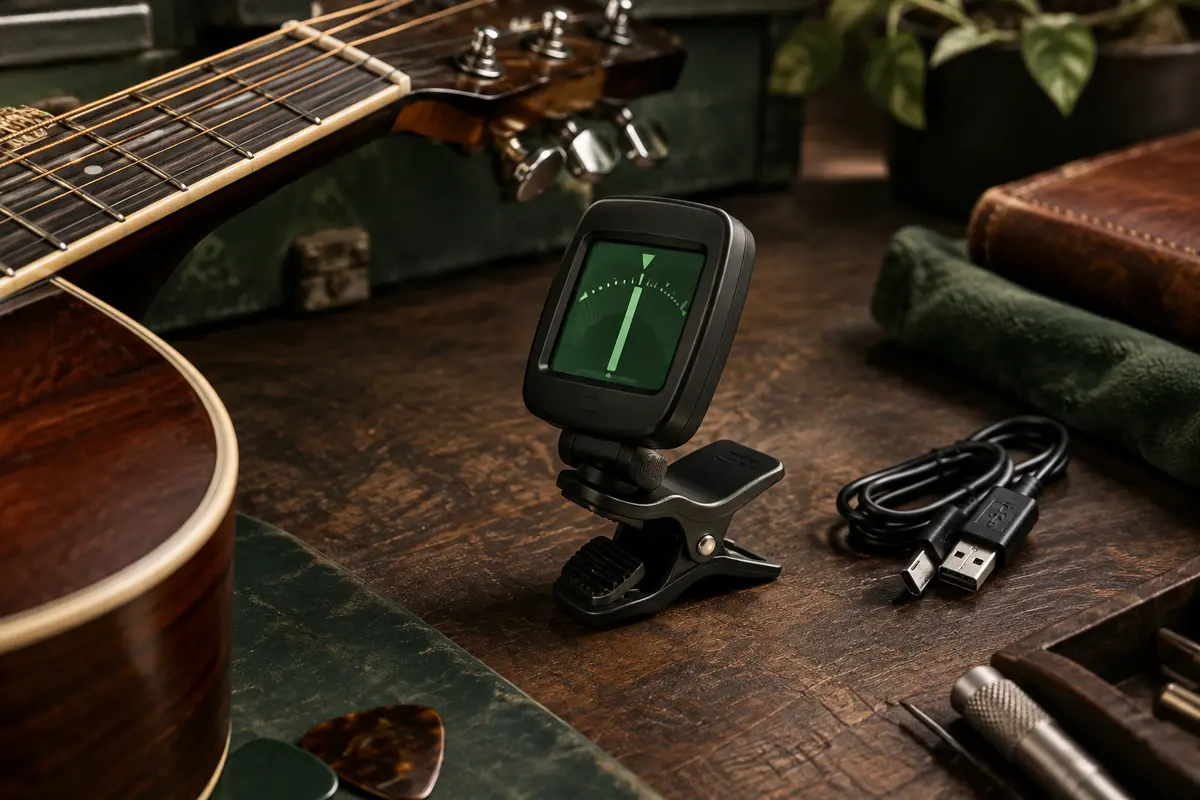Accordeur chromatique à pince noir avec écran LCD posé sur un établi de musicien près d’une guitare.