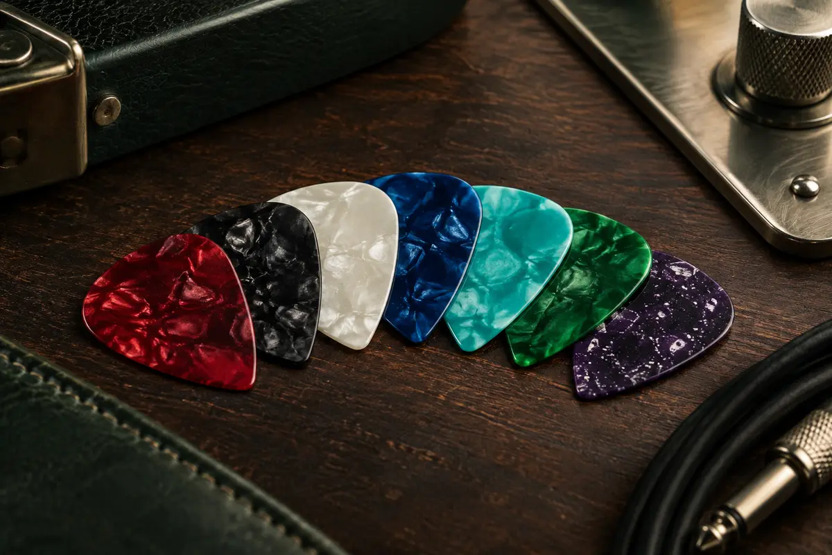 Assortiment de médiators fins en celluloïd, forme 351, aux couleurs et motifs variés