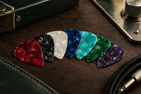 Assortiment de médiators fins en celluloïd, forme 351, aux couleurs et motifs variés
