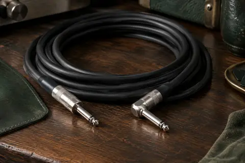 Câble d’instrument noir de 4,5 m avec fiches jack 6,35 mm droite et coudée sur un établi
