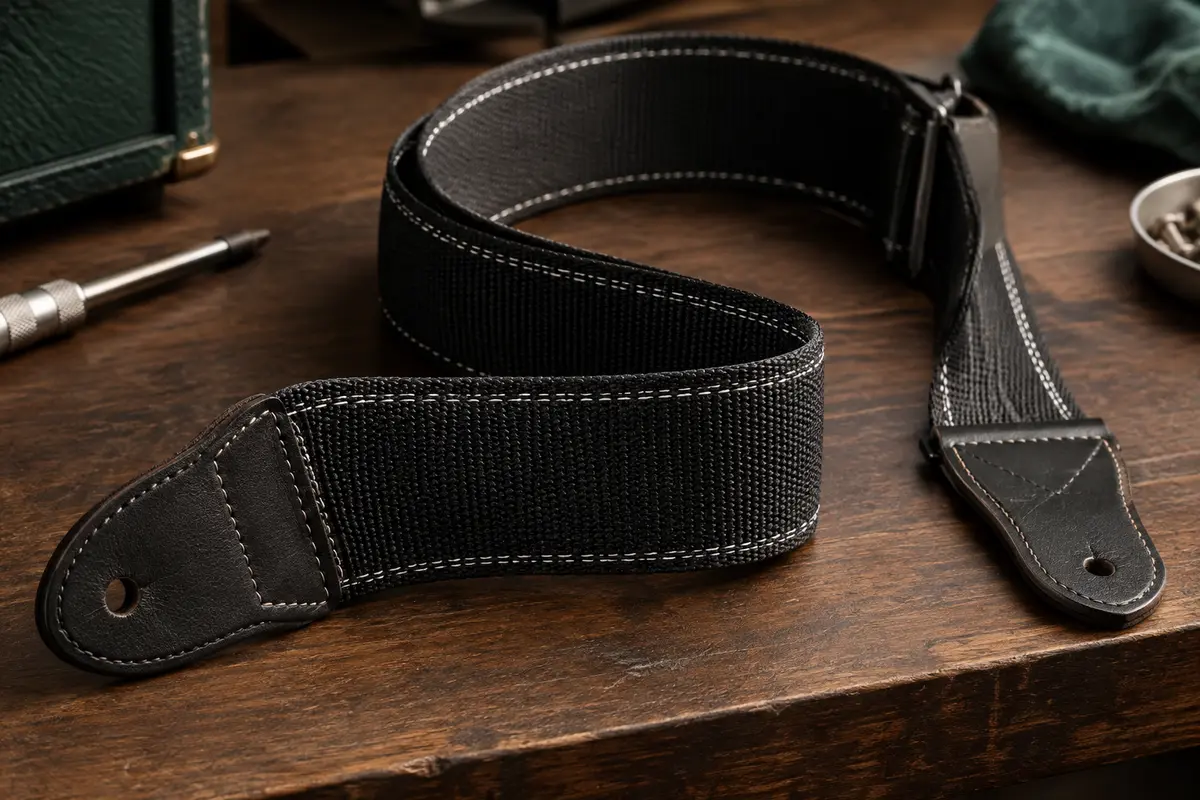 Sangle de guitare noire tissée avec coutures blanches et embouts en cuir sur un établi en bois sombre