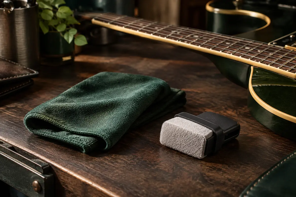 Tampon applicateur pour cordes de guitare et chiffon en microfibre posés sur un établi sombre