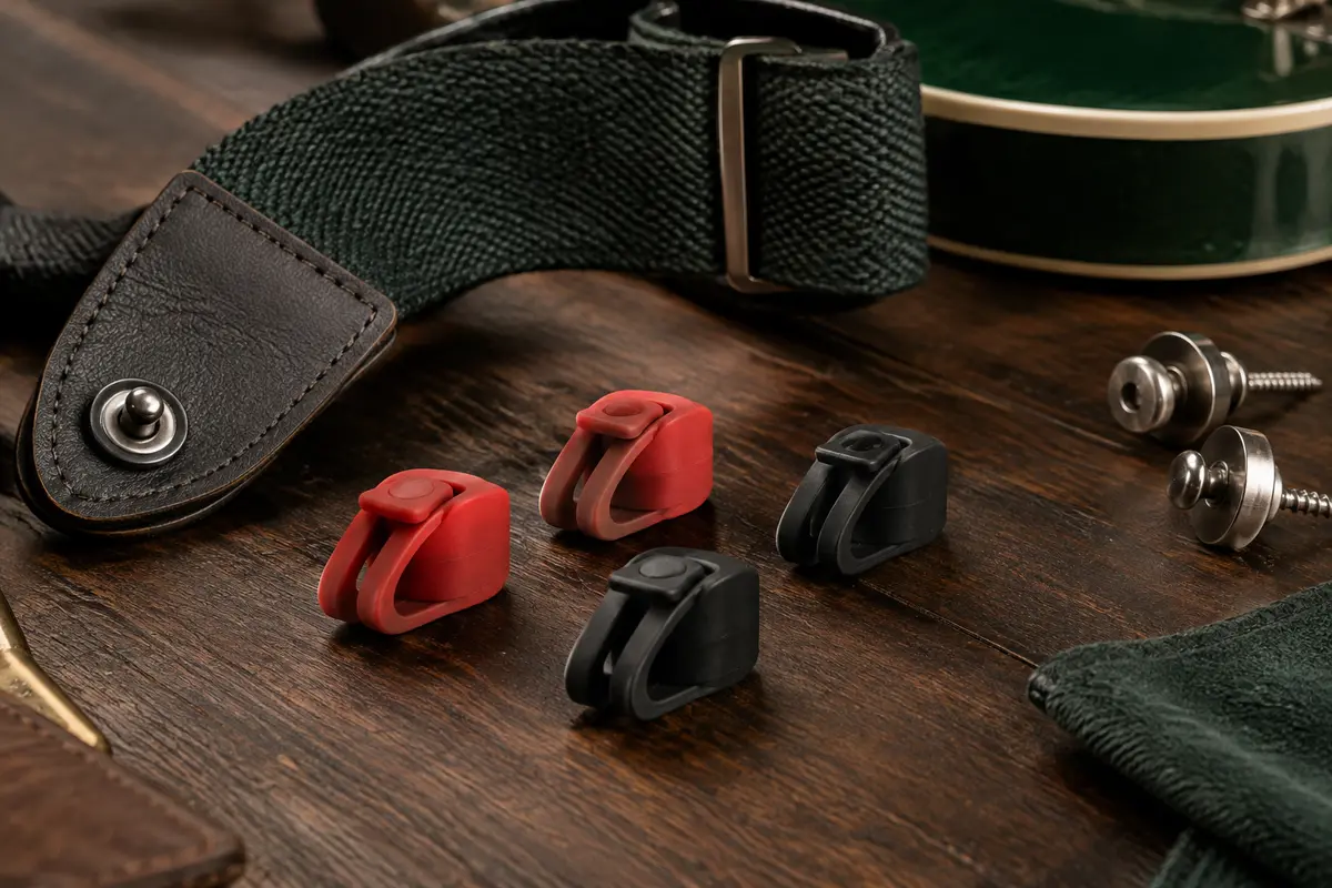 Quatre bloqueurs de sangle Fender, deux rouges et deux noirs, posés sur un établi de musicien