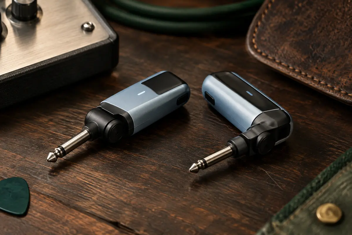 Émetteur et récepteur sans fil Fender Telepath bleu glacier et noirs posés sur un établi de musicien