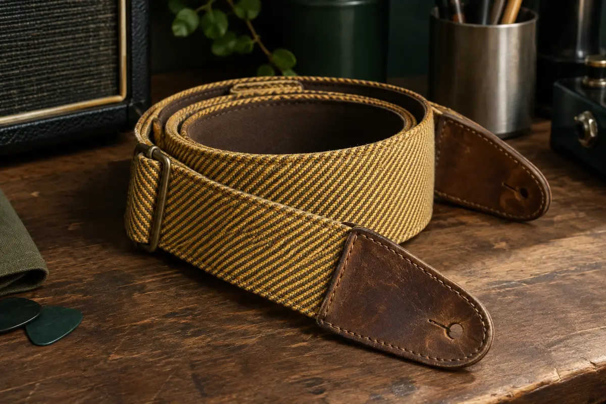 Sangle de guitare en tweed jaune à extrémités en cuir posée sur un établi de musicien