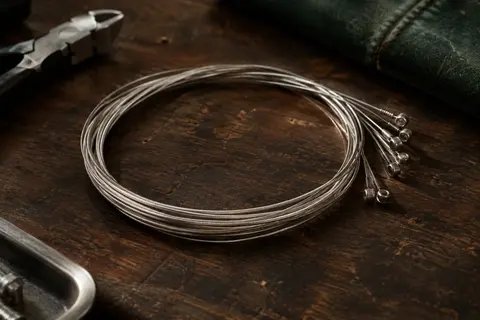 Cordes de guitare électrique en nickel pur disposées en boucles sur un établi en bois sombre