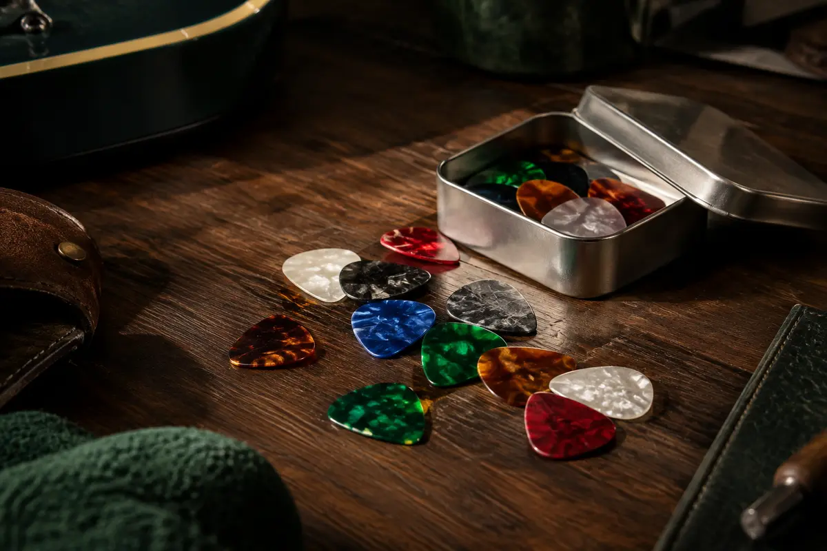 Médiators de guitare en celluloïd de couleurs variées rangés dans une boîte en métal sur un établi sombre.
