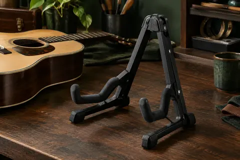 Support de guitare pliable noir à bras rembourrés, posé près d’une guitare sur un établi en bois sombre.