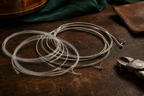 Jeu de cordes pour guitare classique, avec aigus en nylon et basses argentées sur un établi sombre.