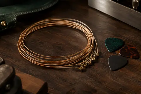 Jeu de cordes acoustiques en bronze phosphoreux et trois médiators sur un établi en bois sombre