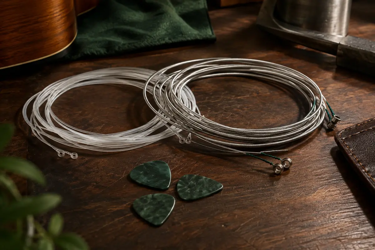 Jeu de cordes nylon pour guitare classique et trois médiators posés sur un établi en bois sombre