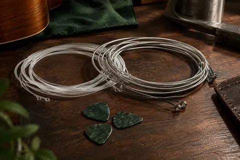 Jeu de cordes nylon pour guitare classique et trois médiators posés sur un établi en bois sombre