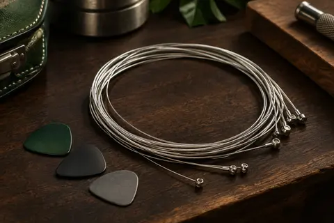 Jeu de six cordes argentées pour guitare électrique accompagné de trois médiators sur un établi en bois sombre.