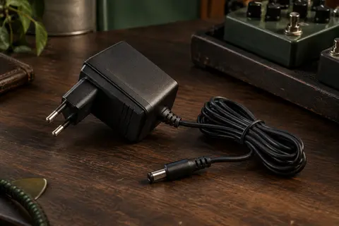 Bloc d’alimentation 9 V pour pédale d’effets avec cordon et fiche sur un établi de musicien