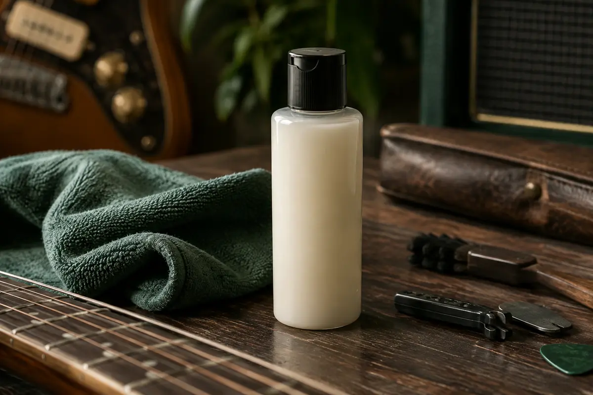 Flacon de nettoyant et polish pour guitare posé sur un établi de musicien aux tons sombres et naturels.