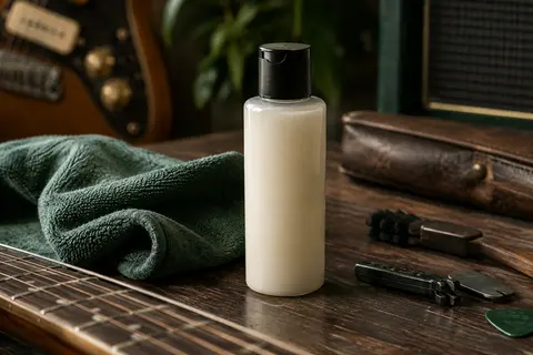 Flacon de nettoyant et polish pour guitare posé sur un établi de musicien aux tons sombres et naturels.