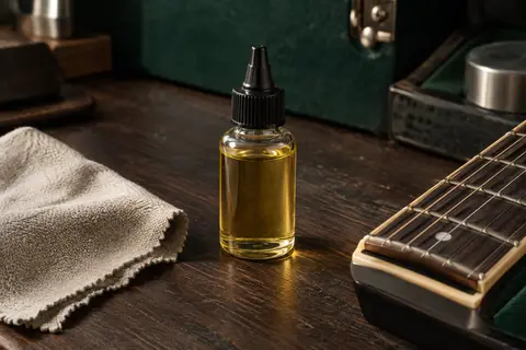 Petit flacon d’huile au citron pour touche posé sur un établi sombre près d’une guitare