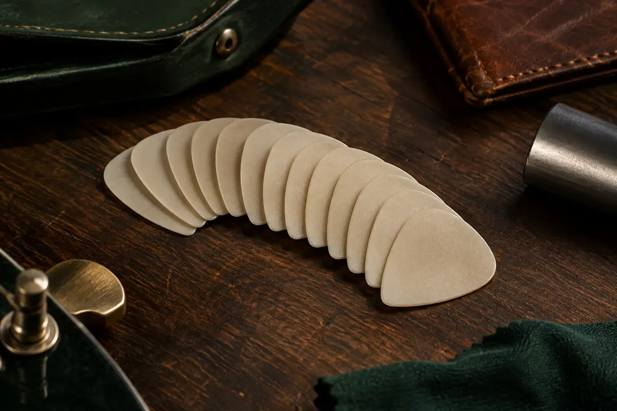 Douze médiators en nylon de teinte naturelle réunis sur un établi de musicien en bois sombre.