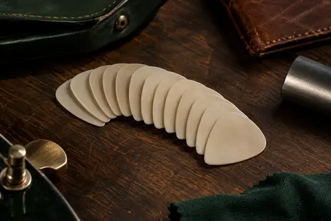 Douze médiators en nylon de teinte naturelle réunis sur un établi de musicien en bois sombre.