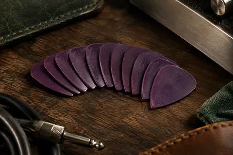 Douze médiators Tortex Jazz III XL aubergine disposés sur un établi de musicien en bois sombre.