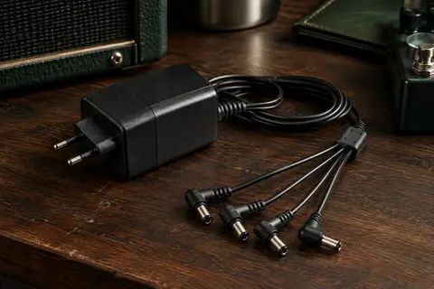 Adaptateur secteur noir Joyo et câble en chaîne à quatre raccordements posés sur un établi en bois sombre.