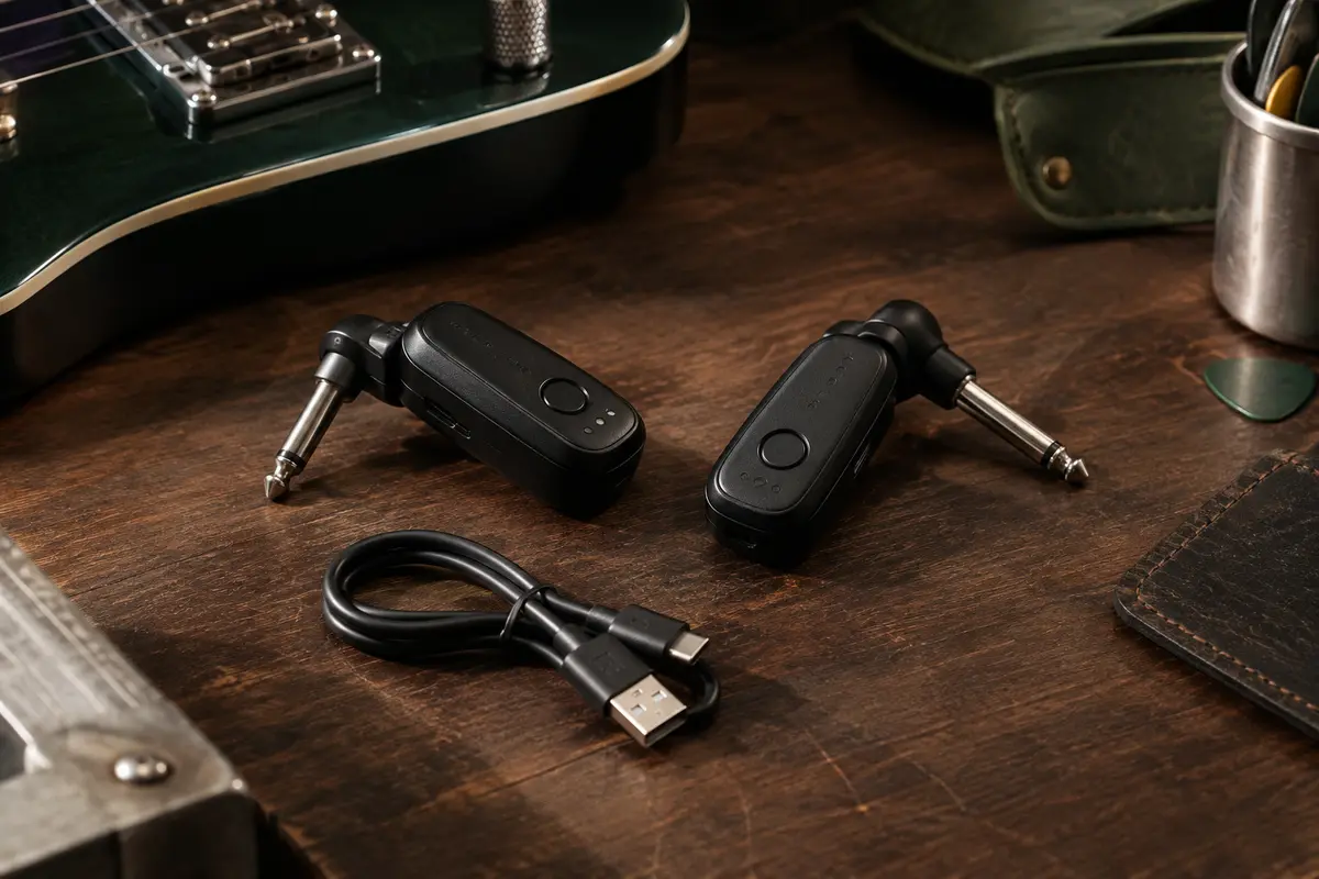 Système sans fil Joyo JW-03 noir et câble USB double posés sur un établi de musicien