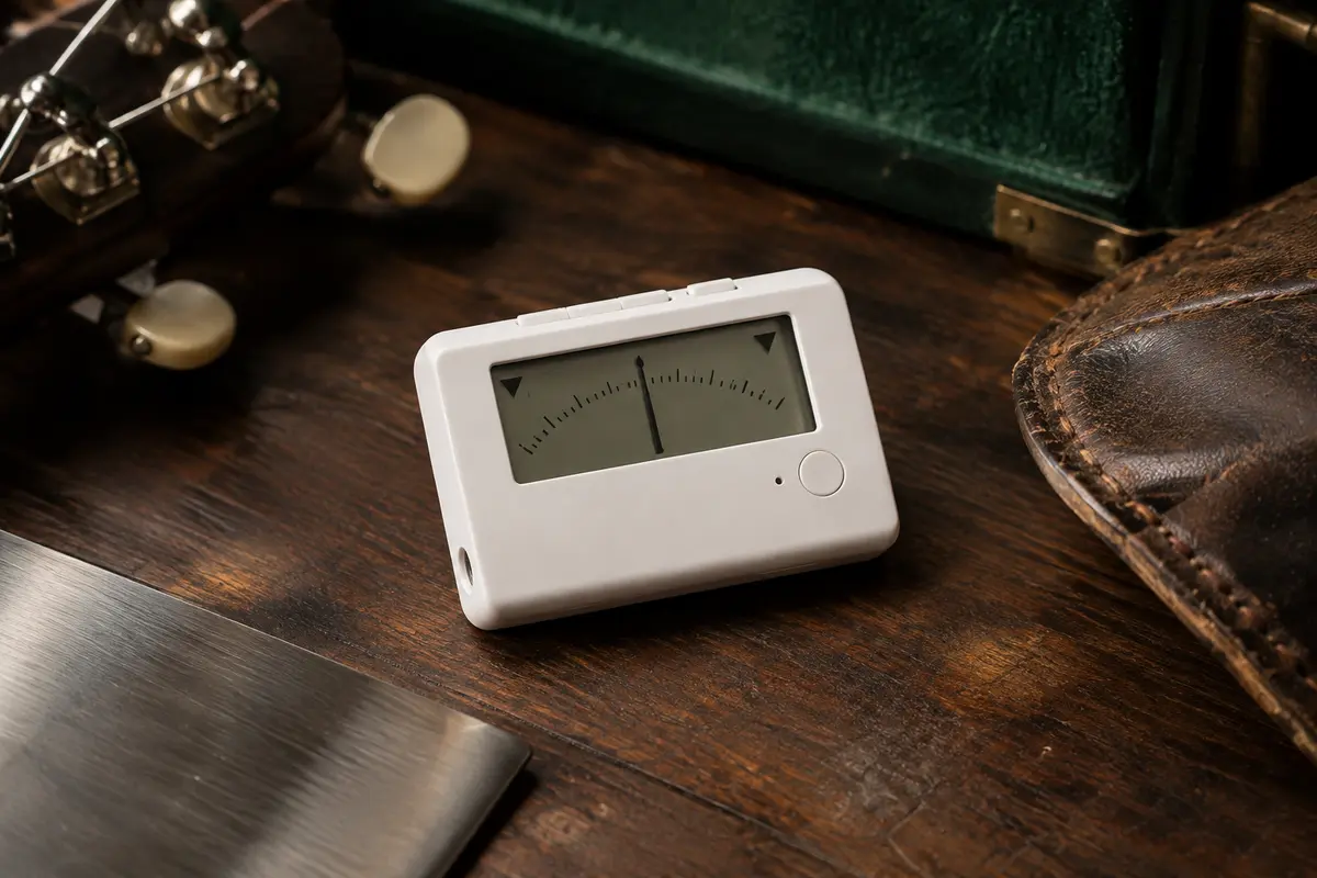 Accordeur chromatique Korg CA-2 blanc posé sur un établi de musicien en bois sombre