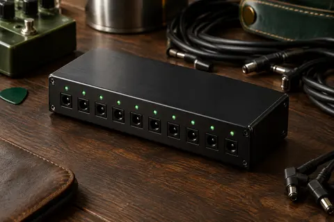 Alimentation Lekato MPP-10 noire à dix sorties isolées posée sur un établi de musicien