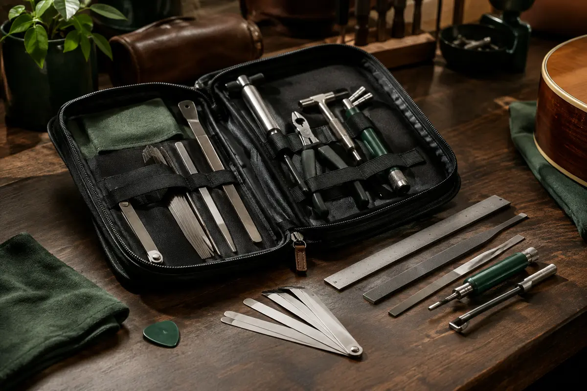 Kit Lekato d’outils pour guitare avec limes, jauges, outil trois-en-un et sac noir sur un établi
