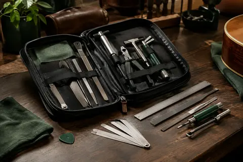 Kit Lekato d’outils pour guitare avec limes, jauges, outil trois-en-un et sac noir sur un établi