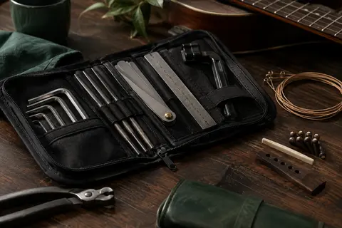 Kit d’entretien pour guitare avec sac noir, jauges, clés et limes métalliques sur un établi en bois