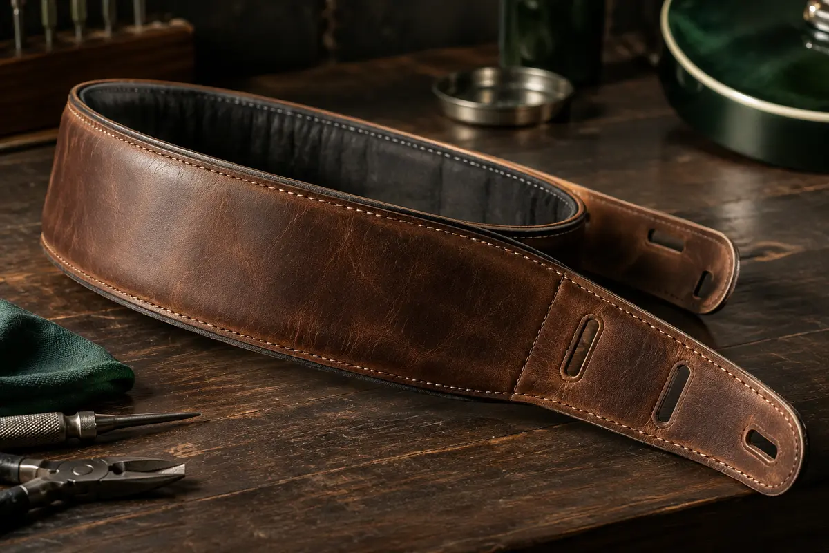 Sangle de guitare en cuir brun et rembourrée posée sur un établi en bois sombre