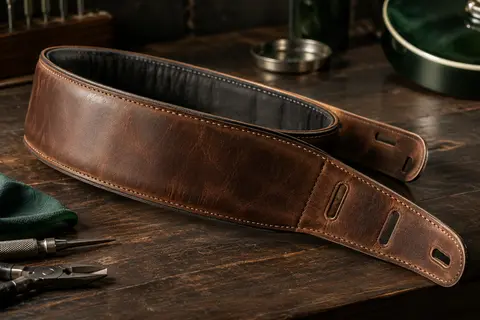 Sangle de guitare en cuir brun et rembourrée posée sur un établi en bois sombre