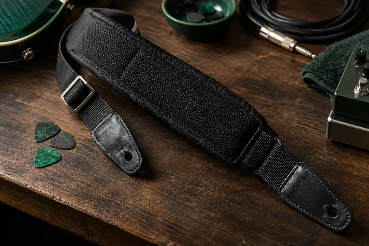 Sangle de guitare noire rembourrée en mousse à mémoire, avec extrémités en cuir et médiators sur un établi