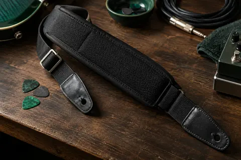 Sangle de guitare noire rembourrée en mousse à mémoire, avec extrémités en cuir et médiators sur un établi