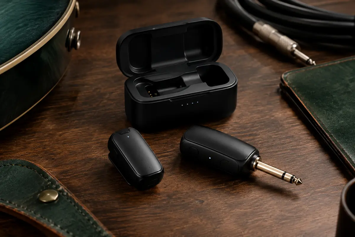 Émetteur et récepteur sans fil noirs avec leur boîtier de charge posés sur un établi de musicien.