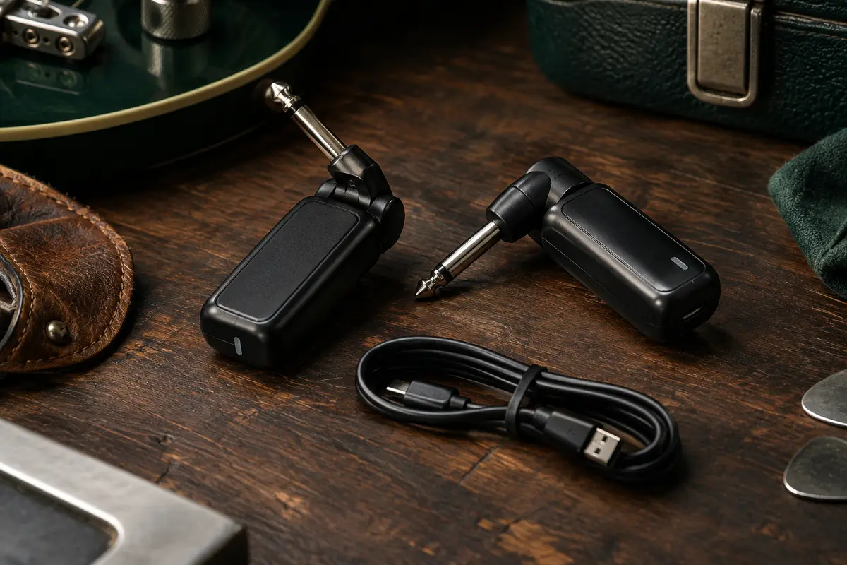 Émetteur et récepteur sans fil noirs avec câble USB sur un établi de musicien en bois sombre