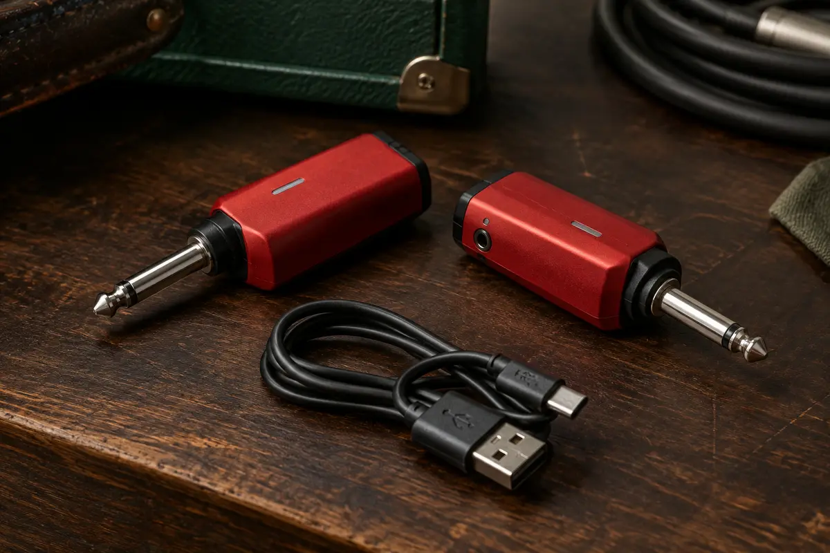 Émetteur et récepteur sans fil rouges pour instrument, avec câble USB sur un établi en bois sombre