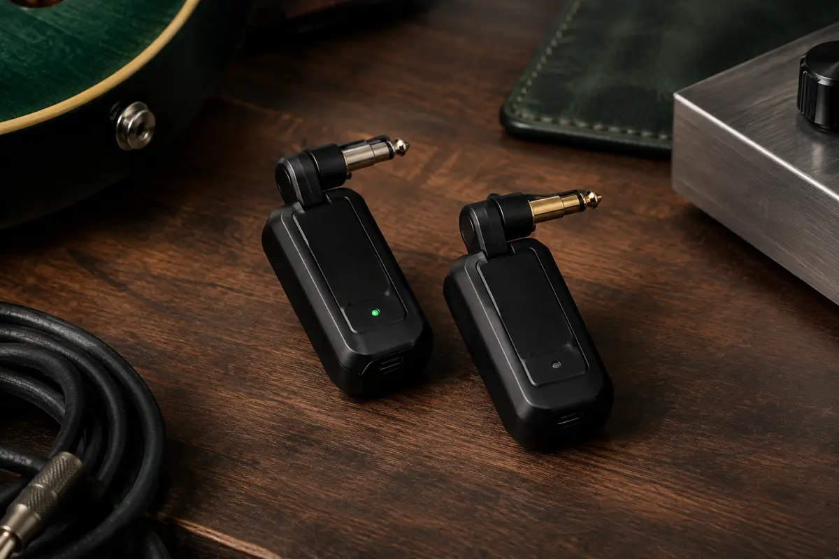 Émetteur et récepteur sans fil Lekato noirs posés sur un établi de musicien en bois sombre.