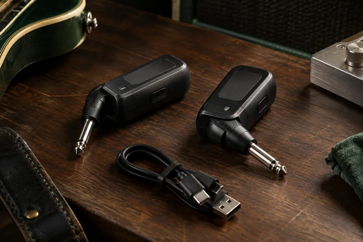 Système sans fil Lekato noir pour guitare, avec modules orientables et câble USB sur un établi sombre.