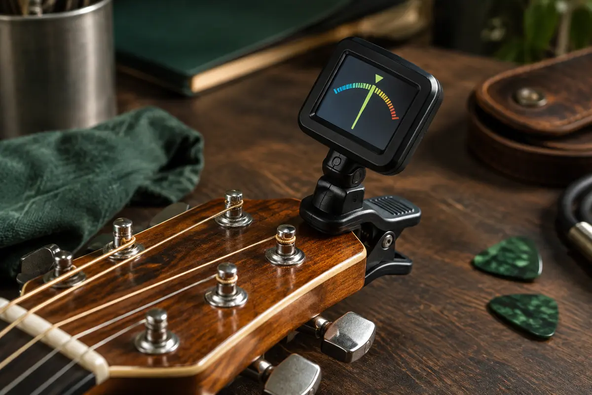Accordeur Linrax LT-2 noir à pince fixé sur une guitare, avec écran couleur orienté vers le musicien.