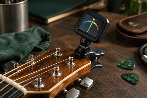 Accordeur Linrax LT-2 noir à pince fixé sur une guitare, avec écran couleur orienté vers le musicien.
