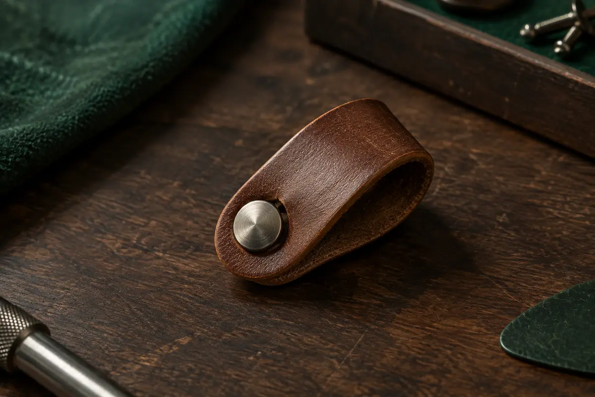 Attache de sangle Martin en cuir marron, présentée sur un établi en bois sombre