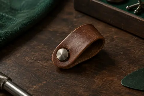 Attache de sangle Martin en cuir marron, présentée sur un établi en bois sombre