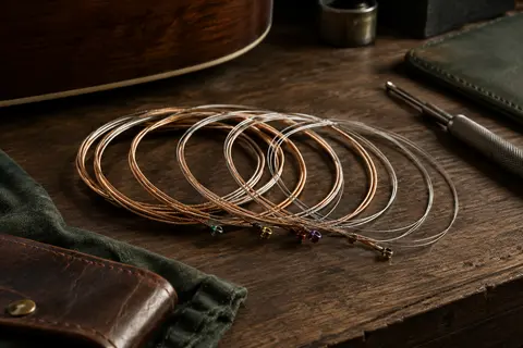 Jeu de cordes métalliques pour guitare acoustique disposé sur un établi en bois sombre.