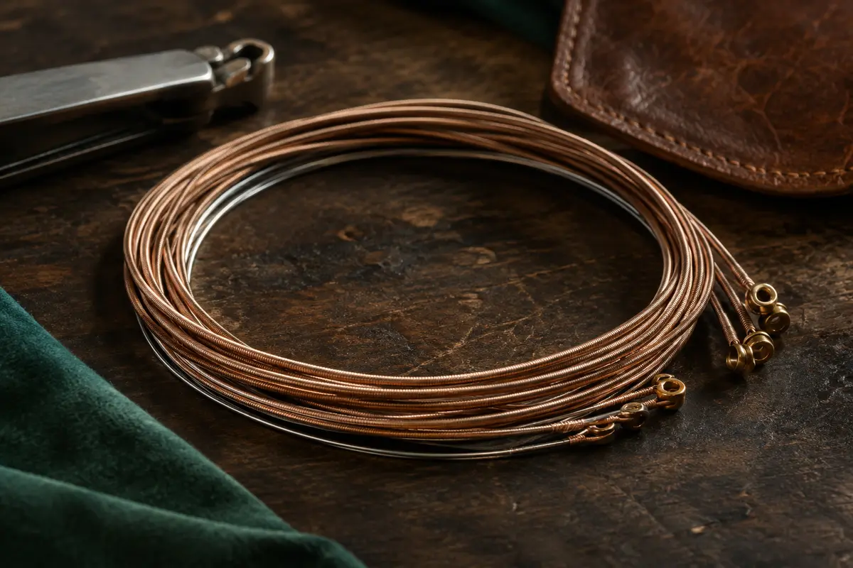 Cordes de guitare acoustique en bronze phosphoreux disposées en boucles sur un établi sombre