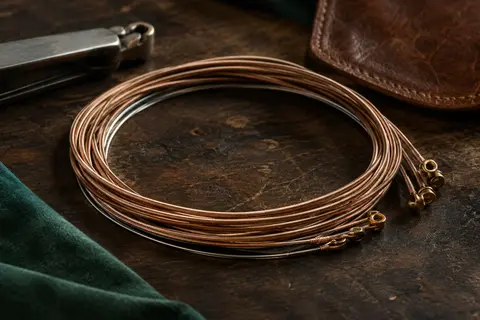 Cordes de guitare acoustique en bronze phosphoreux disposées en boucles sur un établi sombre